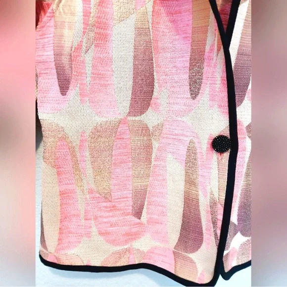 Khangura Pink, Cream & Tan Tapestry Pattern Blazer Black Trim Sz Large Like New - Picture 5 of 9